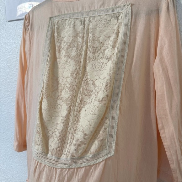 Free People Peach Lace Pintuck Boho Tunic Blouse Cotton Ruffle Hem Womens S - Picture 5 of 6